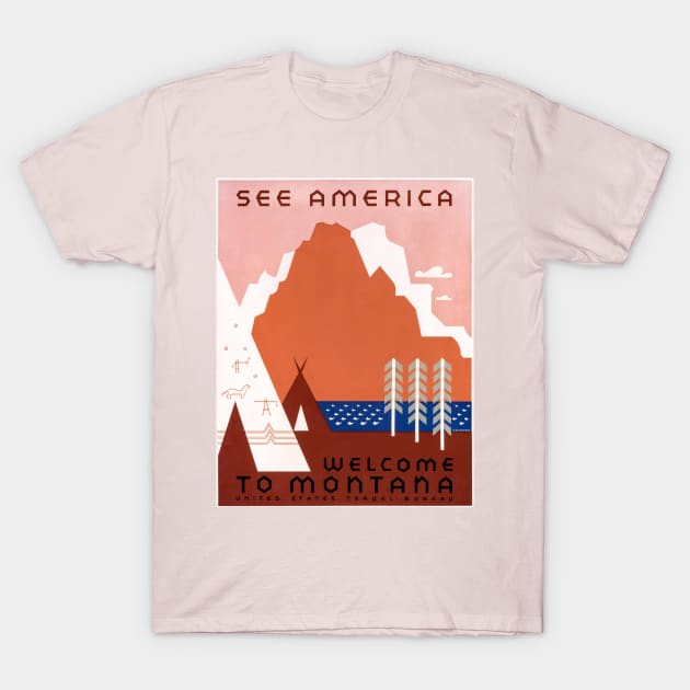 Restored See America Series Welcome To Montana Print T-Shirt by vintageposterco